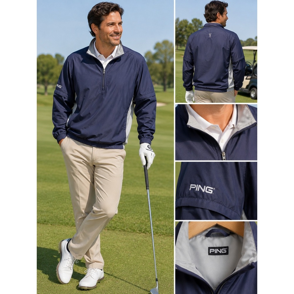 PING Golf Mens Large Navy Blue 1/4 Zip Convertible Zip-Off Sleeve Windbreaker